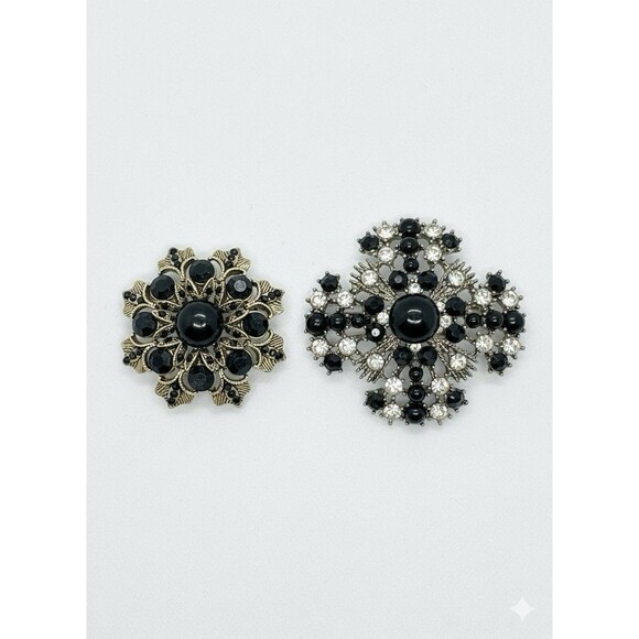Set of 2 Vintage Style Black and White Rhinestone Brooches Pins Gold Tone - Picture 1 of 7